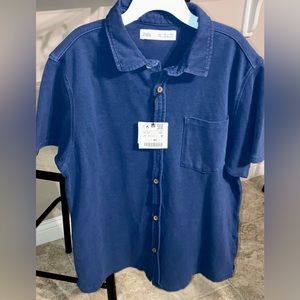 Big Boys Zara Blue Garment Dye Short Sleeve Button Front Shirt/Polo,Size 11-12